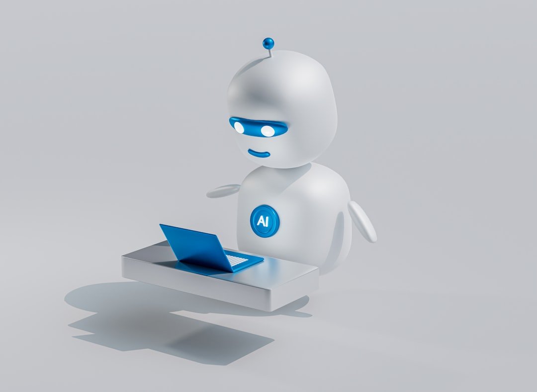 White robot with blue eyes representing an AI chatbot