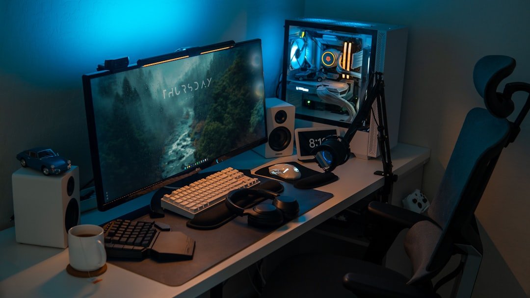 Computer gaming desk setup with monitor and keyboard