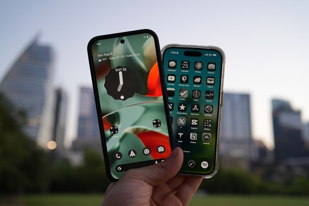 Two smartphones held up against a city skyline representing flagship phone comparison