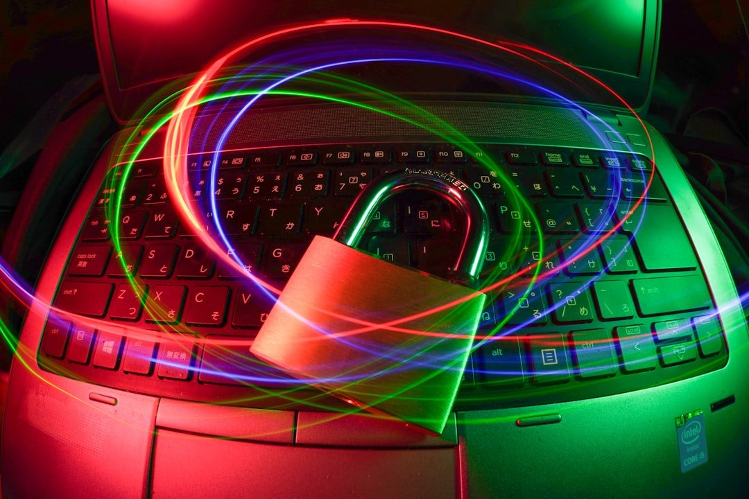Padlock on laptop with light trails representing website security